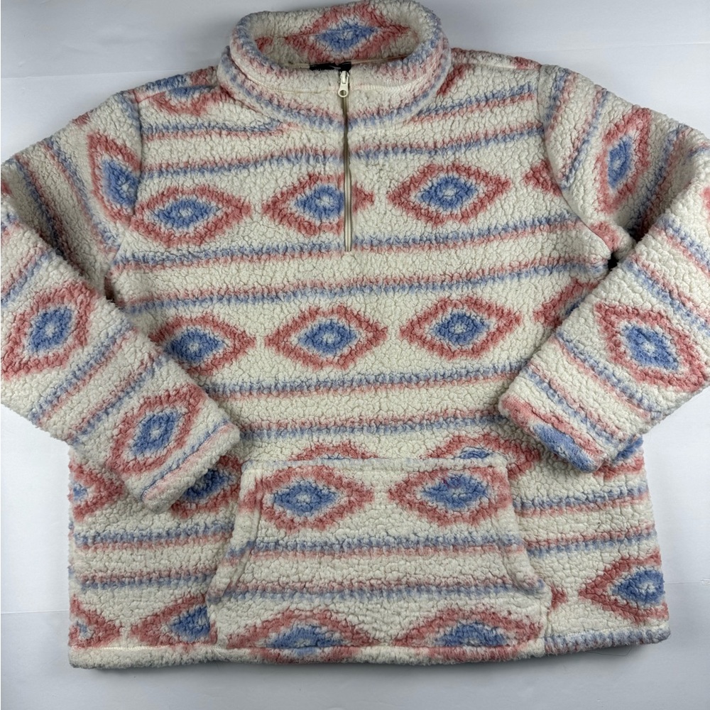 Crane XL Sherpa Pullover in Cream with Coral & Sky Blue Accents